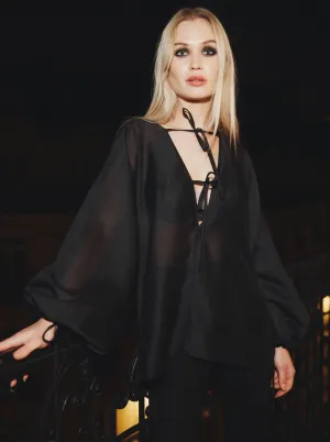'GIGI' EXAGGERATED BALLOON SLEEVE CHIFFON BLOUSE BLACK