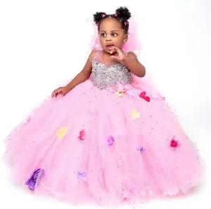 Girls' Luxury 3D Flowers and Pearls Beaded Queen Ball Gowns