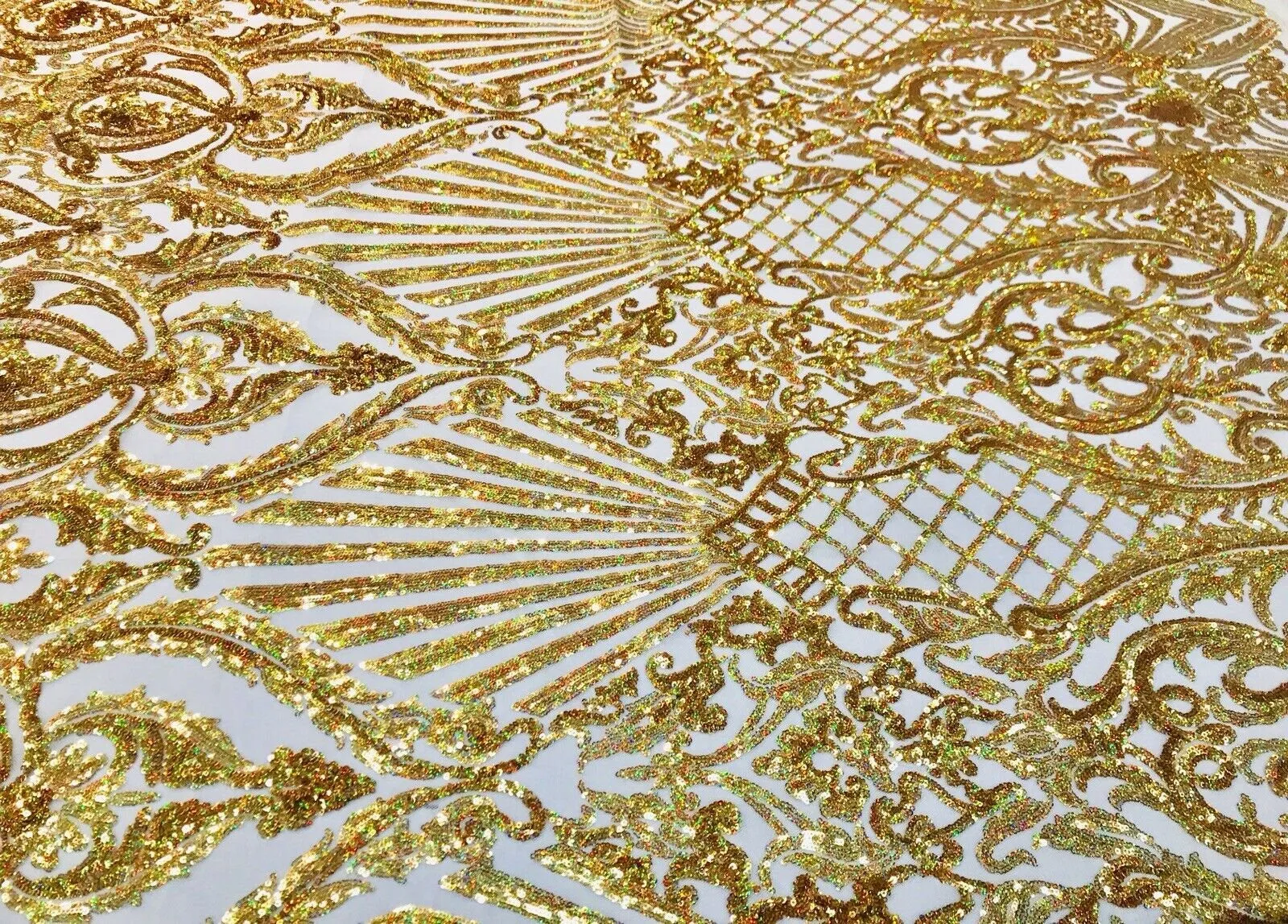 Gold iridescent damask sequin design on a 4 way stretch mesh-dresses-prom-nightgown-sold by the yard-free shipping in the USA-