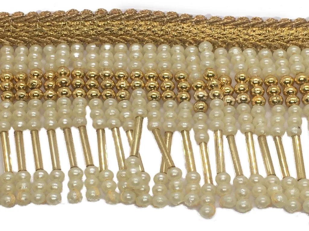 Golden White Pearl Beads String Fringe Designer Lace