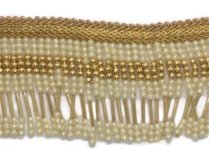 Golden White Pearl Beads String Fringe Designer Lace