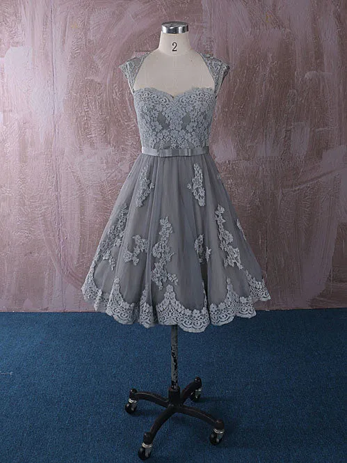 Gray Knee Length Short Lace Dress with Keyhole Back QT815013