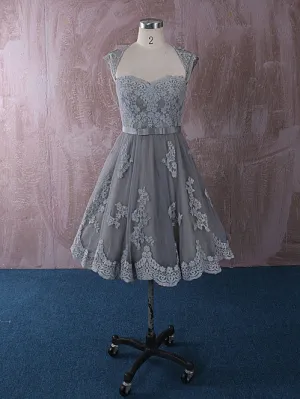 Gray Knee Length Short Lace Dress with Keyhole Back QT815013