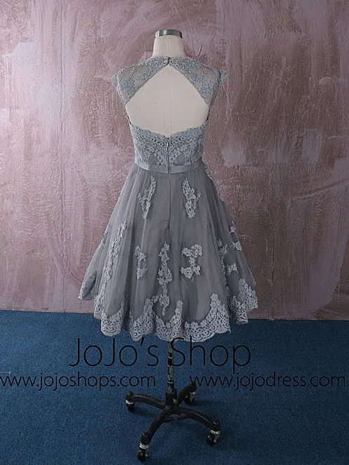 Gray Knee Length Short Lace Dress with Keyhole Back QT815013