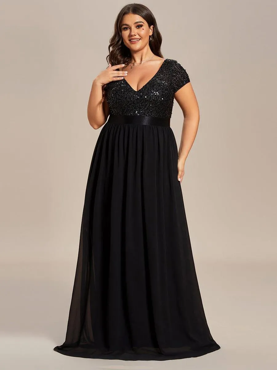 Greta | Plus Size Empire Waist V-Neck Cap Sleeve Chiffon Formal Evening Dress