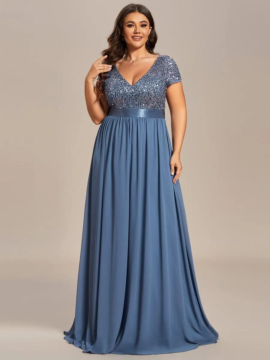 Greta | Plus Size Empire Waist V-Neck Cap Sleeve Chiffon Formal Evening Dress