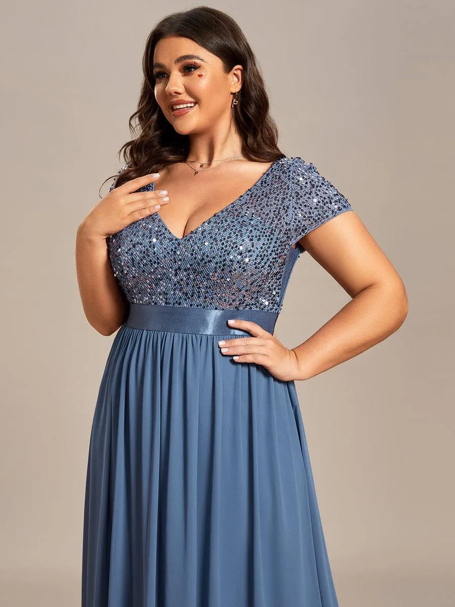 Greta | Plus Size Empire Waist V-Neck Cap Sleeve Chiffon Formal Evening Dress