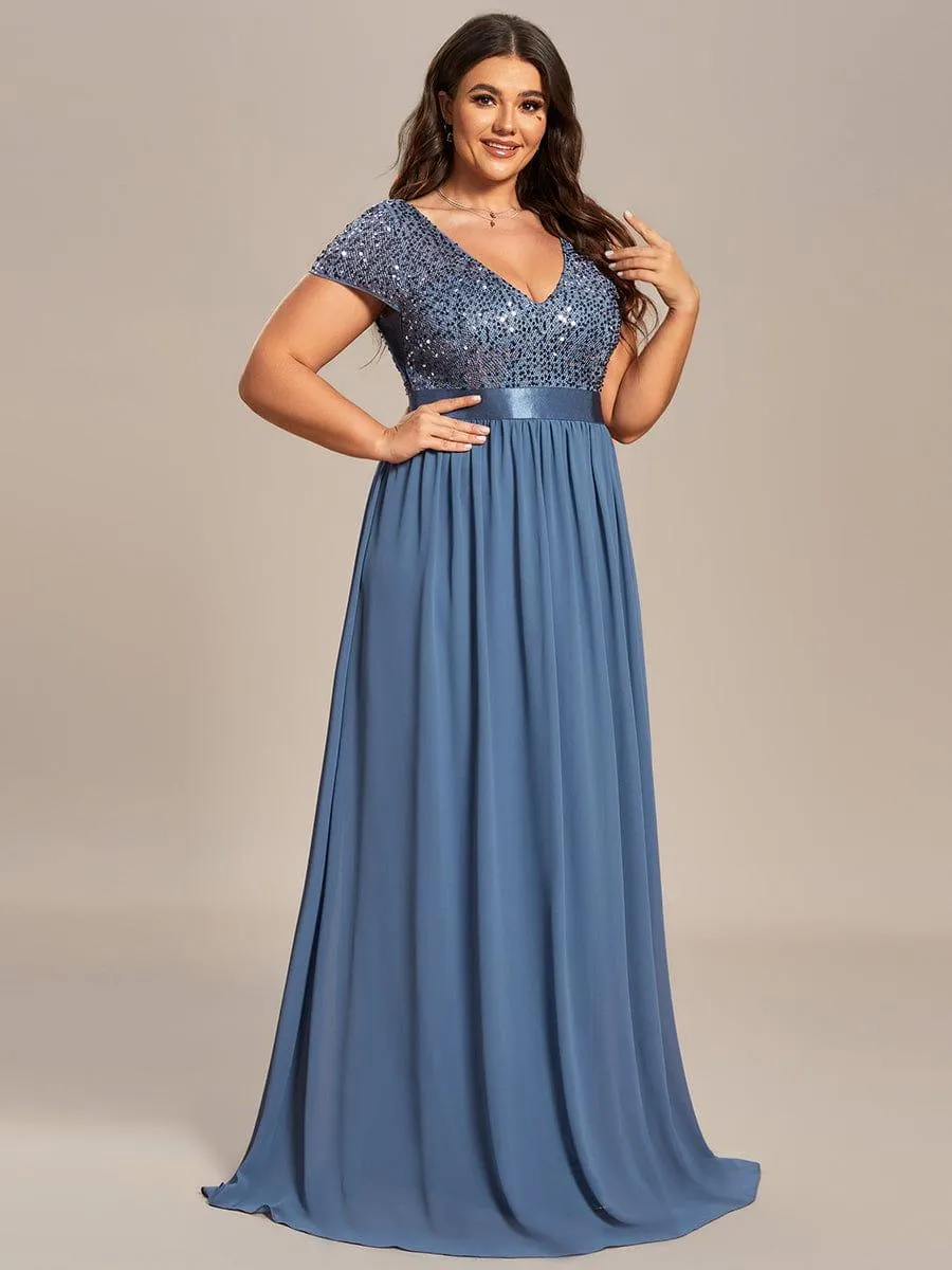 Greta | Plus Size Empire Waist V-Neck Cap Sleeve Chiffon Formal Evening Dress