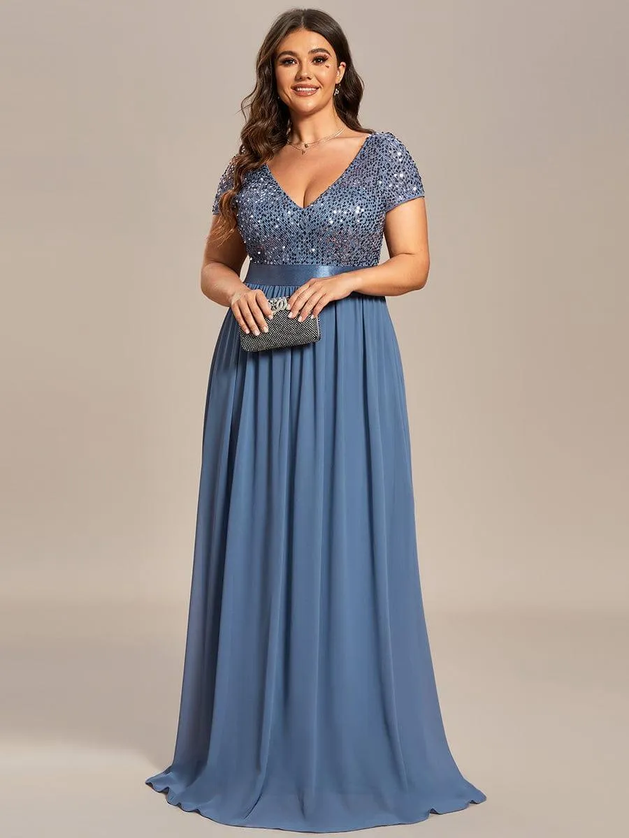 Greta | Plus Size Empire Waist V-Neck Cap Sleeve Chiffon Formal Evening Dress