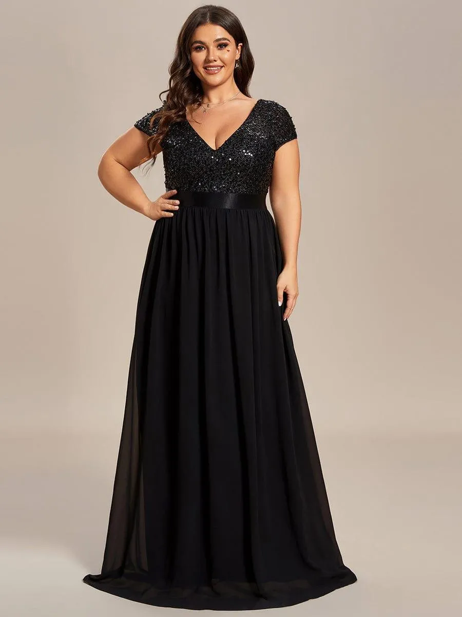 Greta | Plus Size Empire Waist V-Neck Cap Sleeve Chiffon Formal Evening Dress