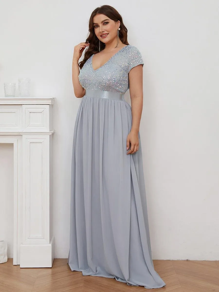 Greta | Plus Size Empire Waist V-Neck Cap Sleeve Chiffon Formal Evening Dress