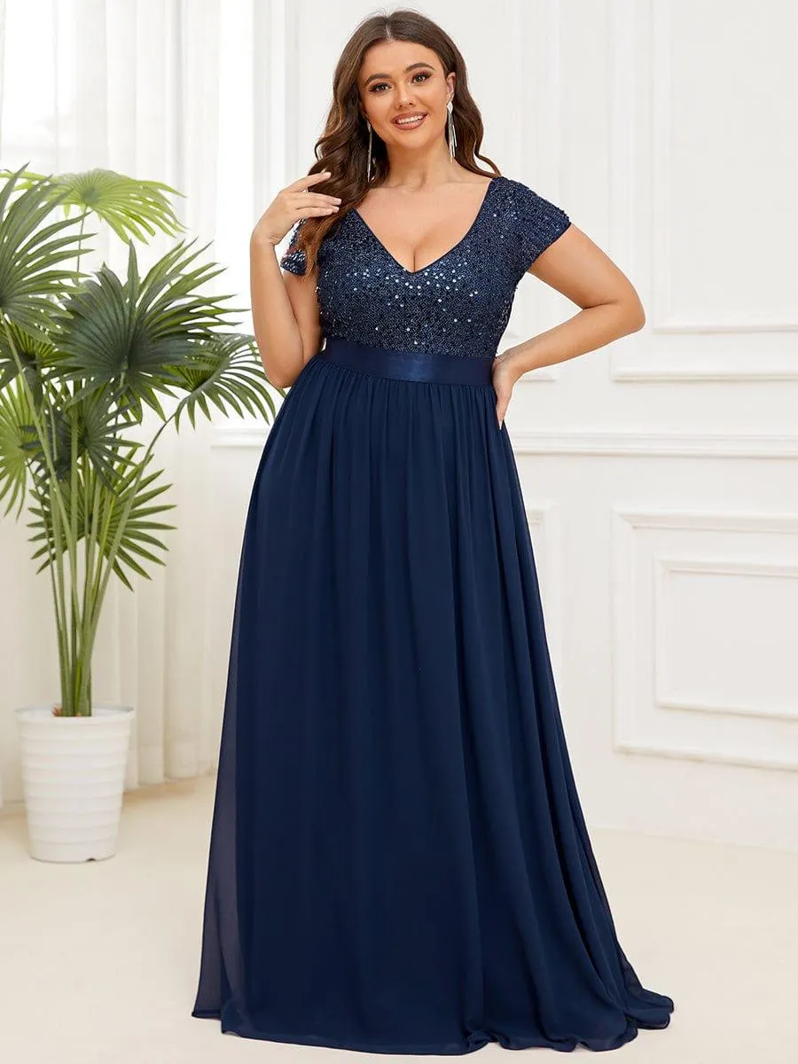 Greta | Plus Size Empire Waist V-Neck Cap Sleeve Chiffon Formal Evening Dress