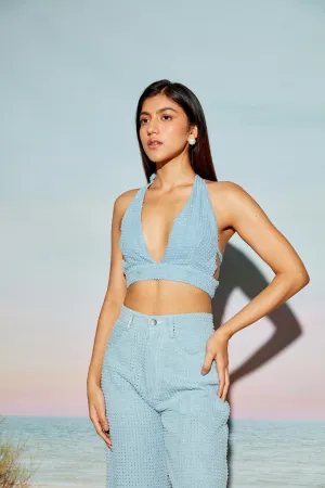 Halter Neck Top in Engineered Distress Denim