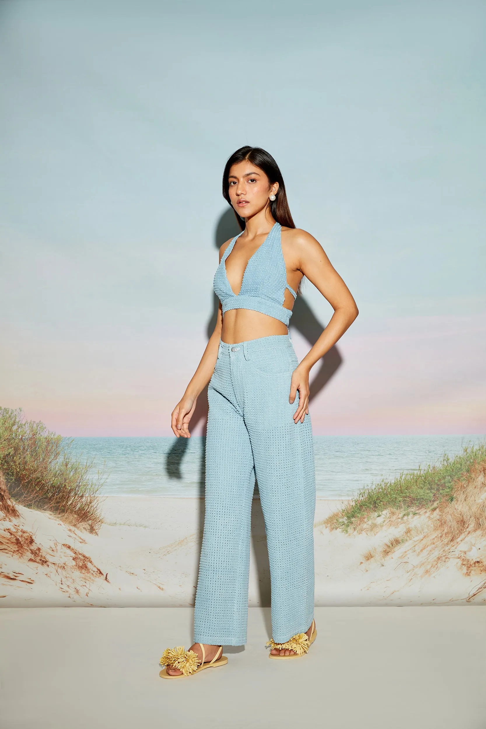 Halter Neck Top in Engineered Distress Denim