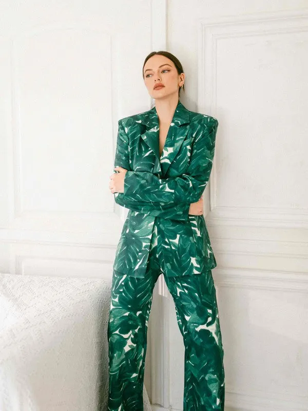 Hunter Green Tie-Dye Floral Blazer Pants Set