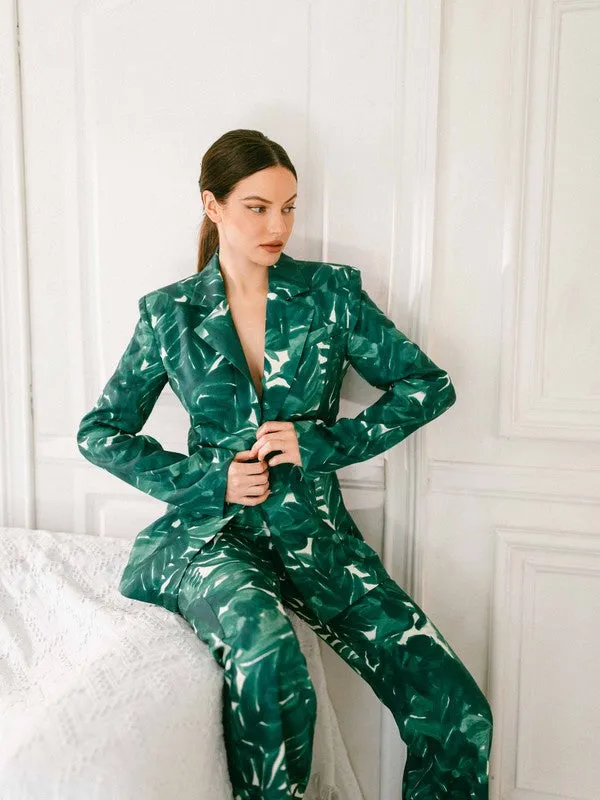 Hunter Green Tie-Dye Floral Blazer Pants Set