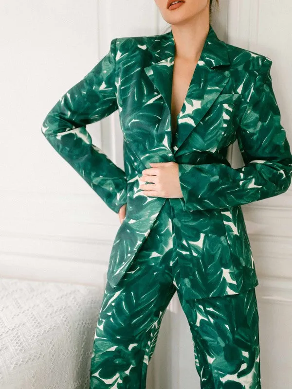 Hunter Green Tie-Dye Floral Blazer Pants Set
