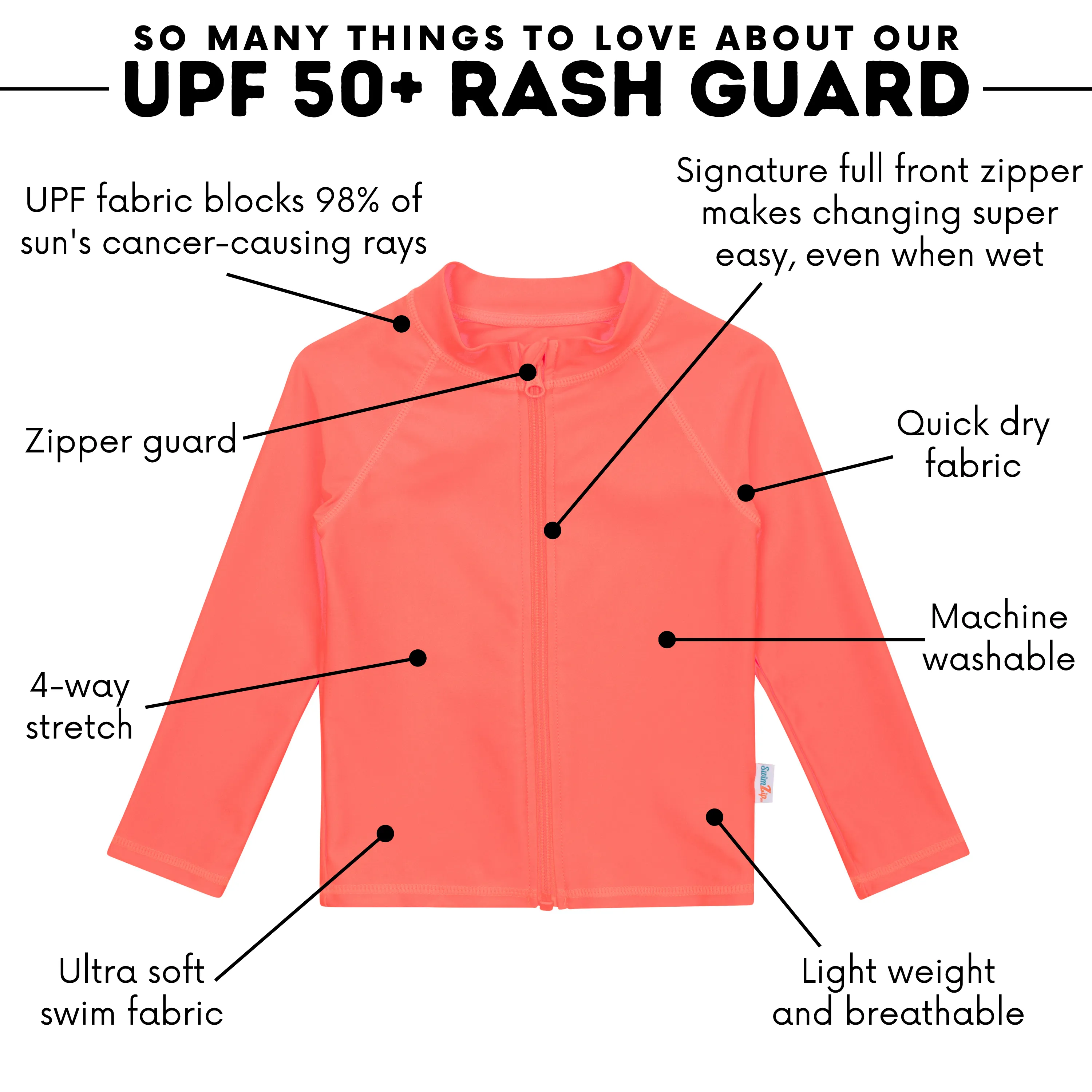 Kids UPF 50  Long Sleeve Zipper Rash Guard Swim Shirt | "Neon Orange"