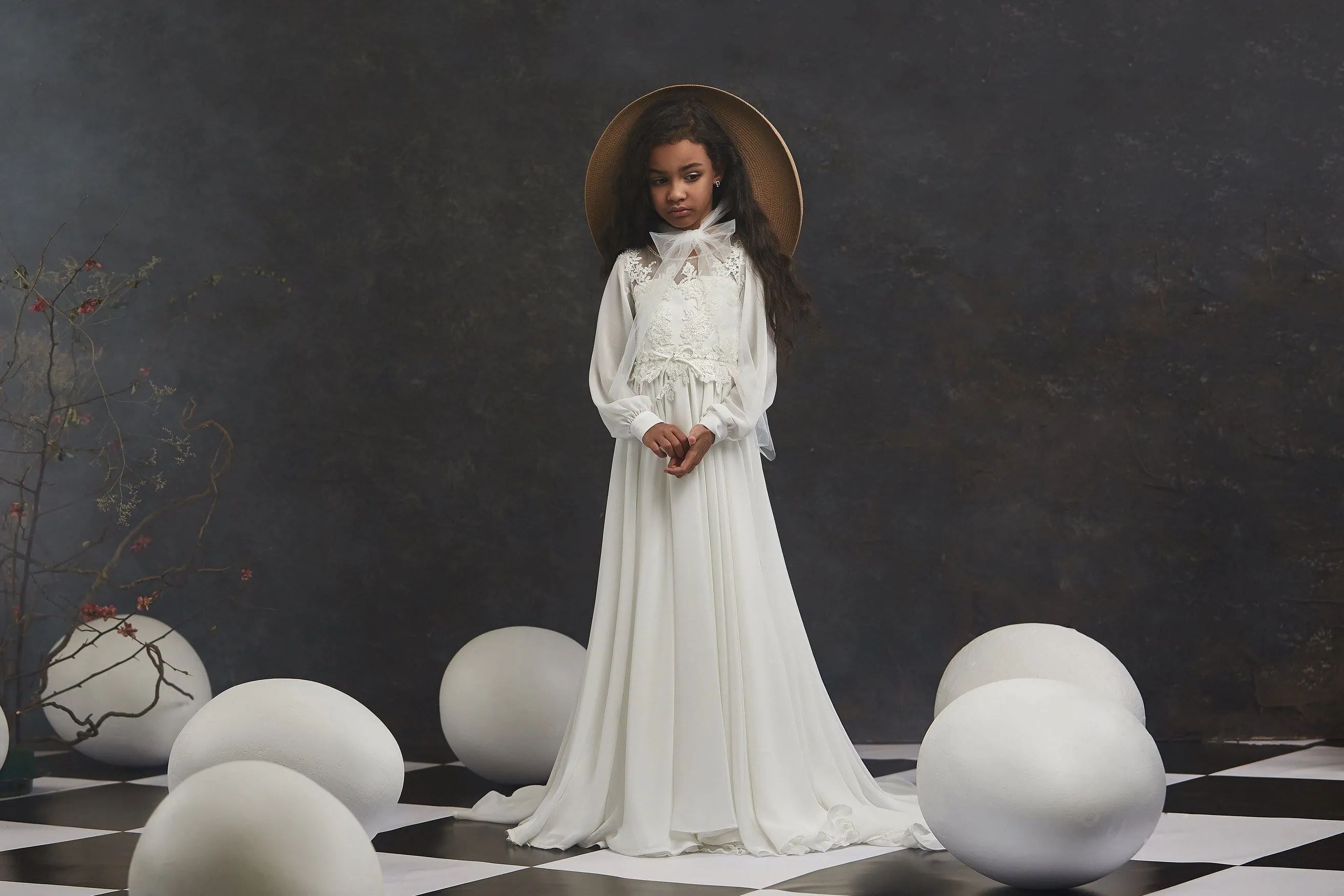 Lace and Chiffon A-line Gown with Bishop Sleeves
