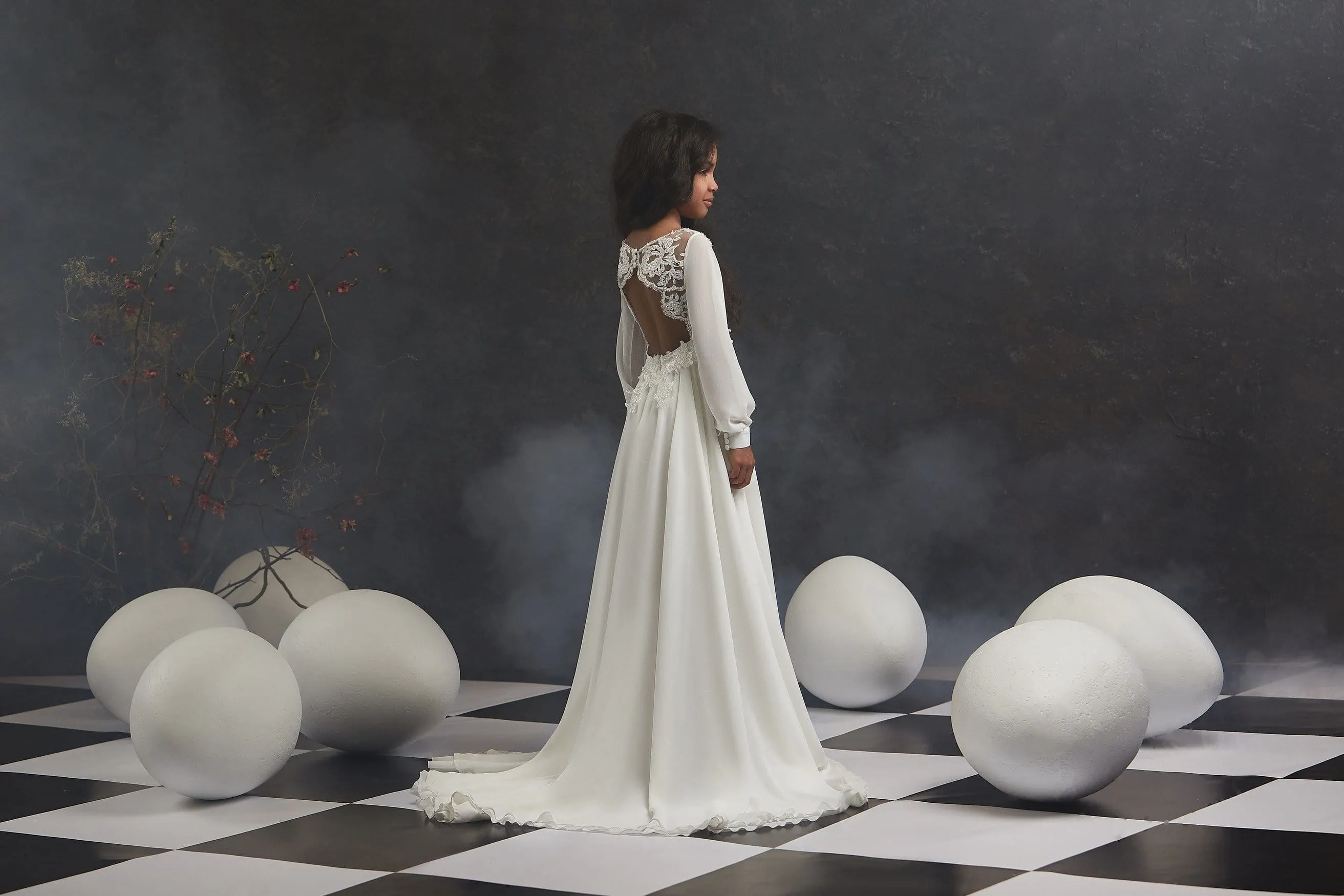 Lace and Chiffon A-line Gown with Bishop Sleeves