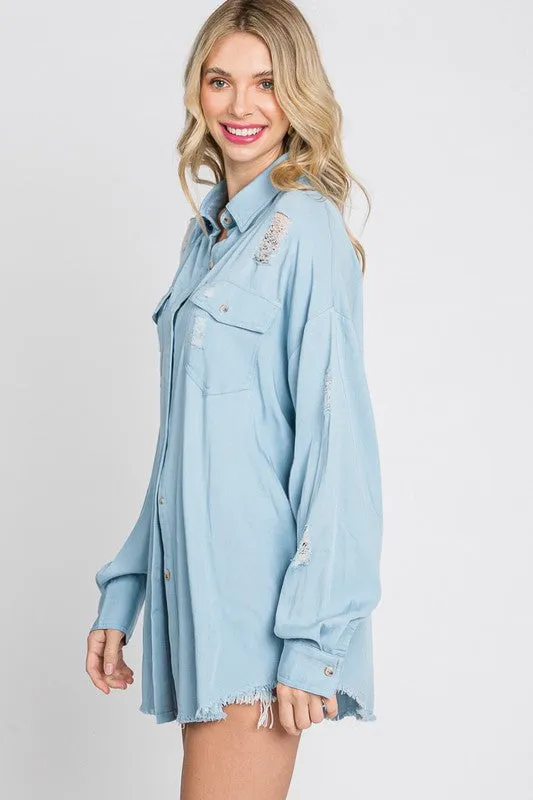 Light Denim Button Down Woven Top - Final Sale