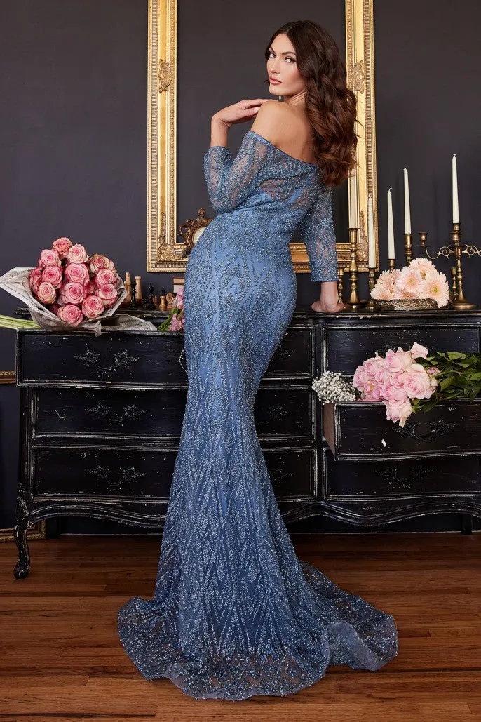 Limitless | Long Sleeve Embellished Off the Shoulder Gown | LaDivine CB118