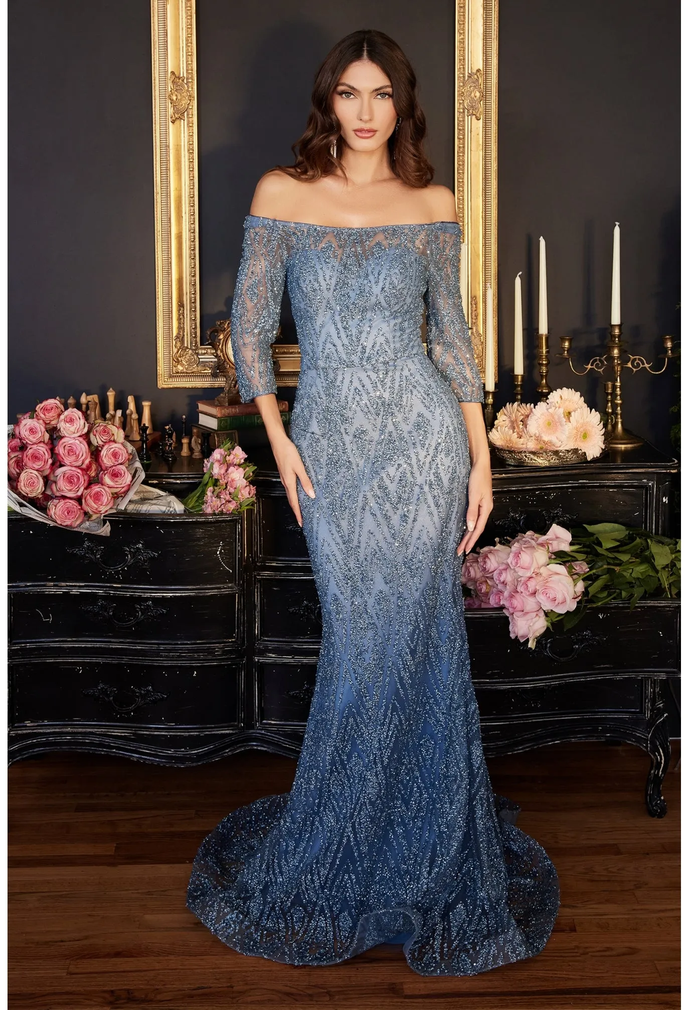 Limitless | Long Sleeve Embellished Off the Shoulder Gown | LaDivine CB118
