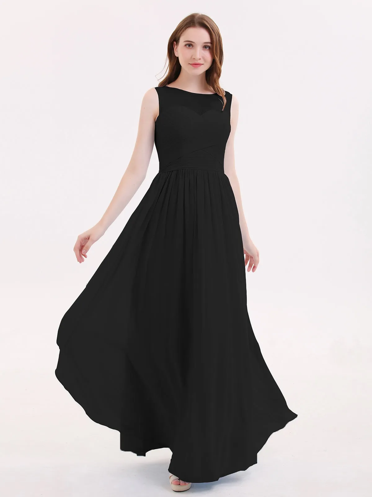 Long Chiffon Gowns with Illusion Neckline-Black