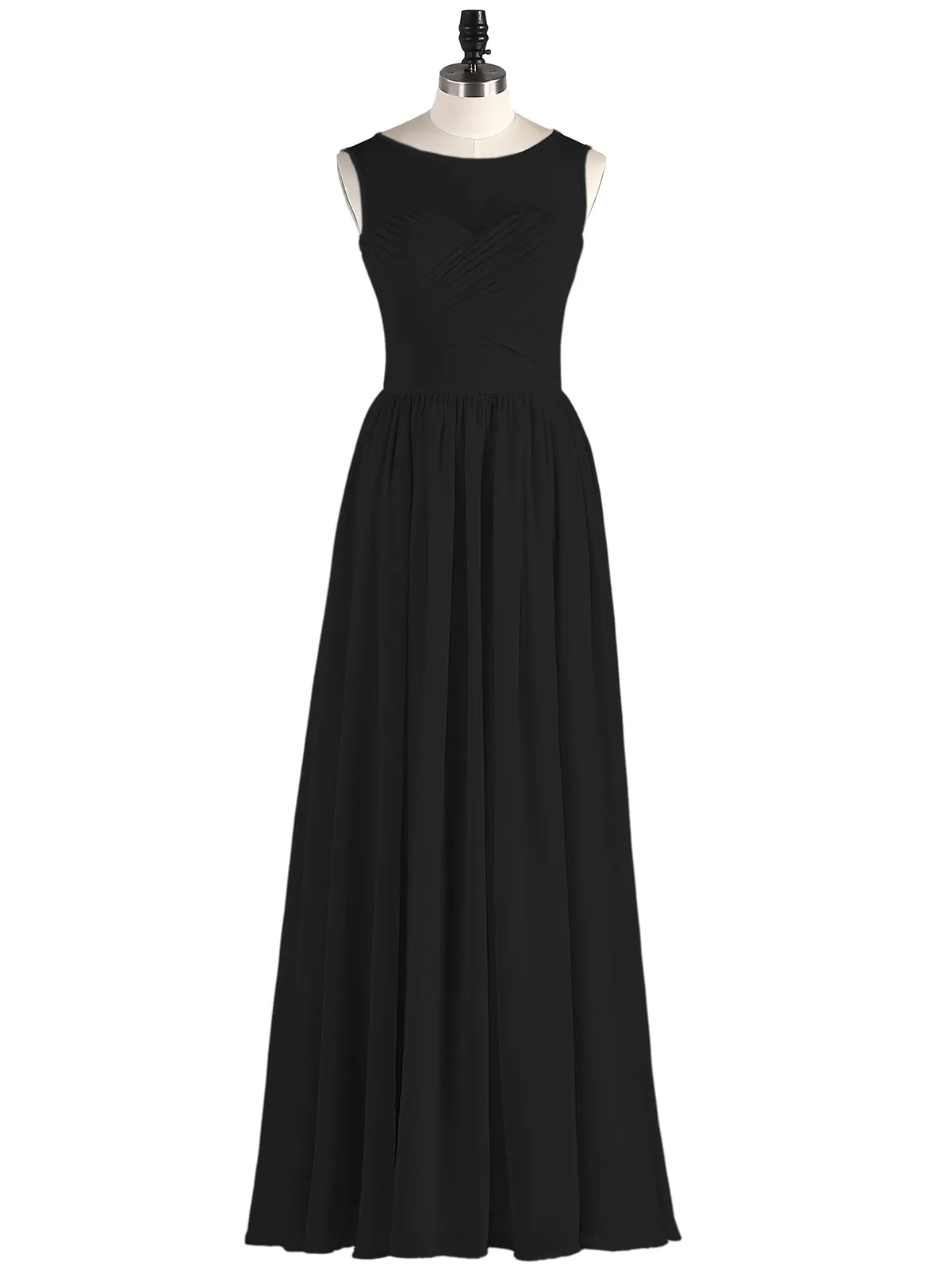 Long Chiffon Gowns with Illusion Neckline-Black