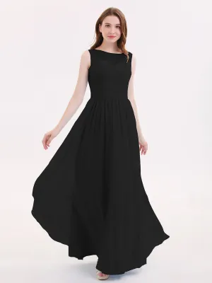 Long Chiffon Gowns with Illusion Neckline-Black