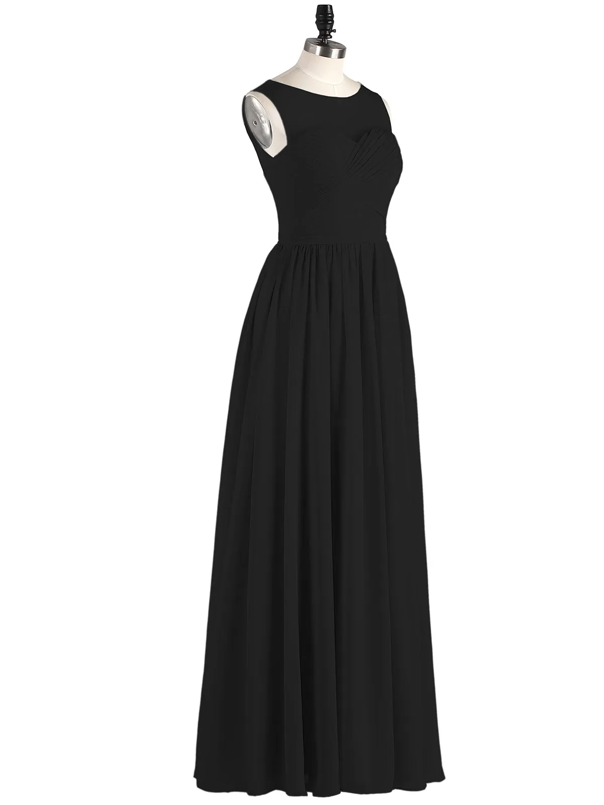 Long Chiffon Gowns with Illusion Neckline-Black