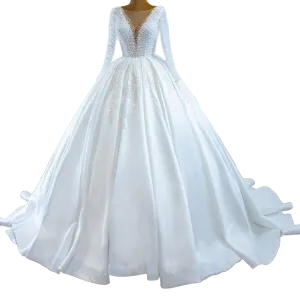 Long Sleeve Satin Wedding Gown Plunge Neckline Satin Gown