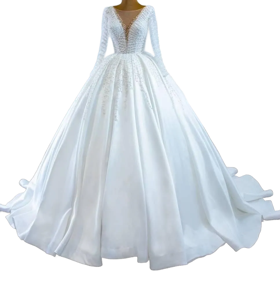 Long Sleeve Satin Wedding Gown Plunge Neckline Satin Gown