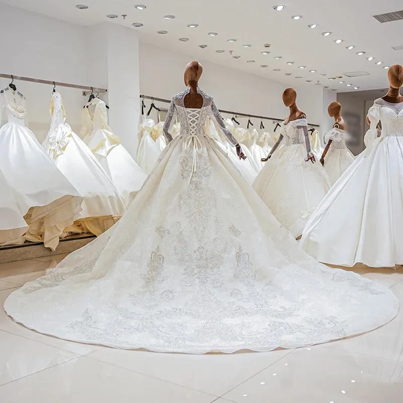 Luxury Princess long sleeve Glitter and Lace fully Beaded Ball Gown