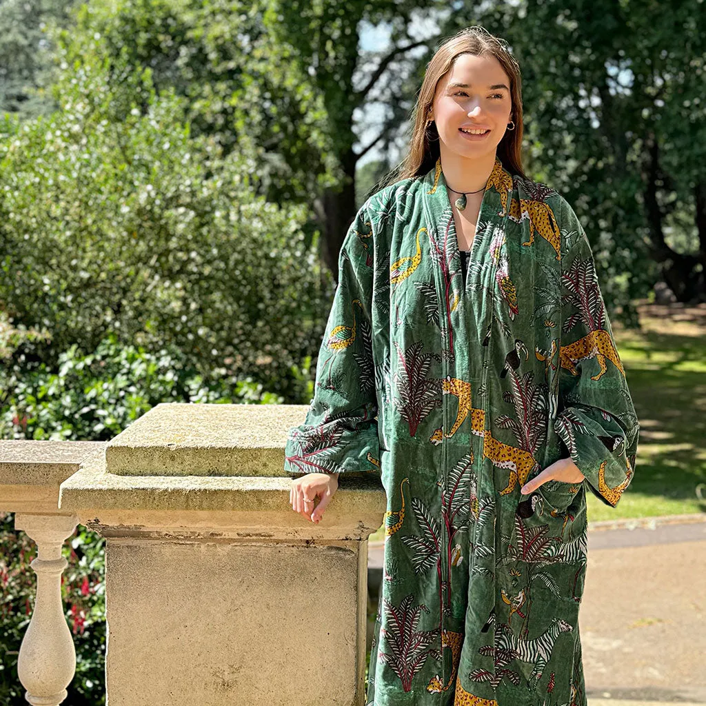 Luxury Velvet Long Robe Dressing Gown/Kimono With Silk Lining In Moss Green