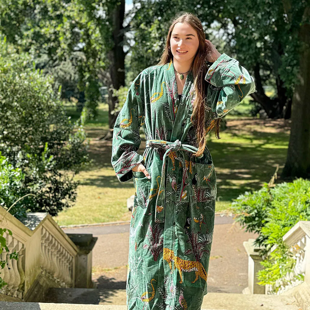 Luxury Velvet Long Robe Dressing Gown/Kimono With Silk Lining In Moss Green
