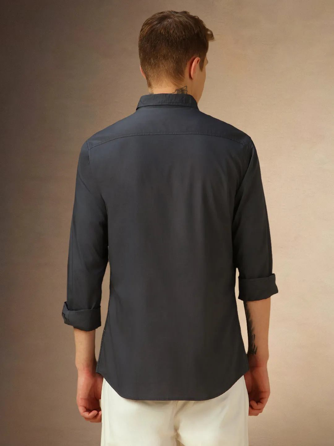 Men's Grey Solid Button Down Collar Full Sleeves Shirt
