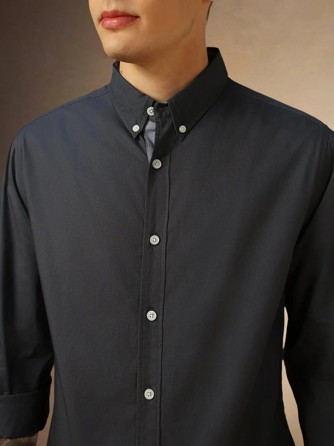 Men's Grey Solid Button Down Collar Full Sleeves Shirt