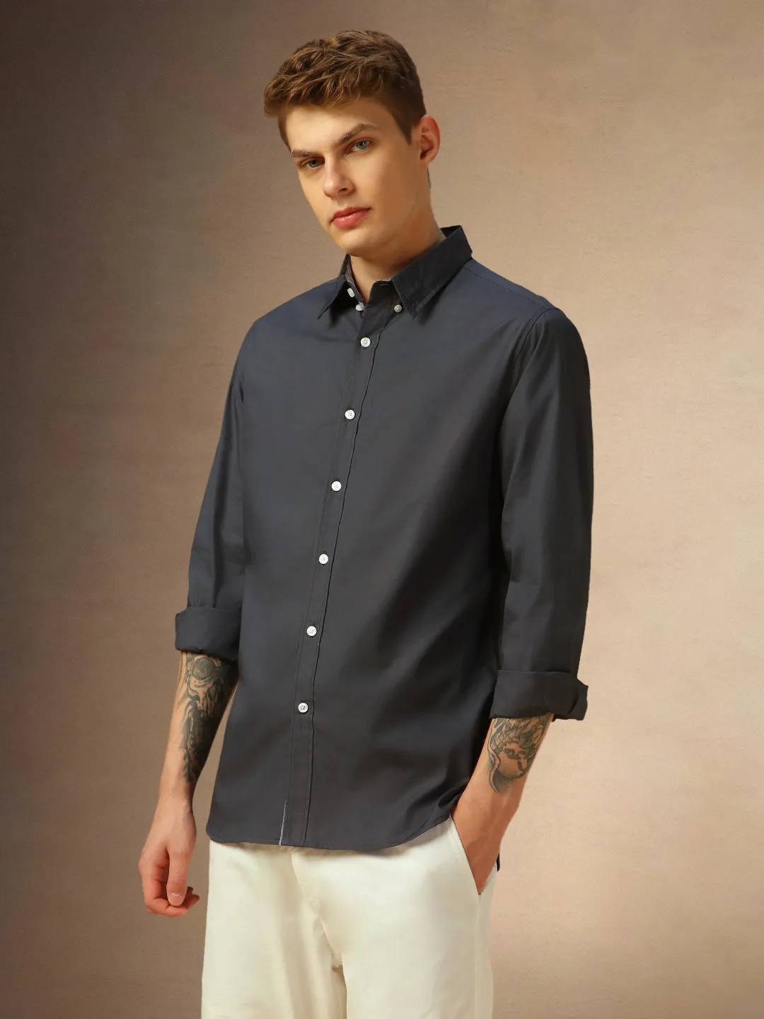 Men's Grey Solid Button Down Collar Full Sleeves Shirt