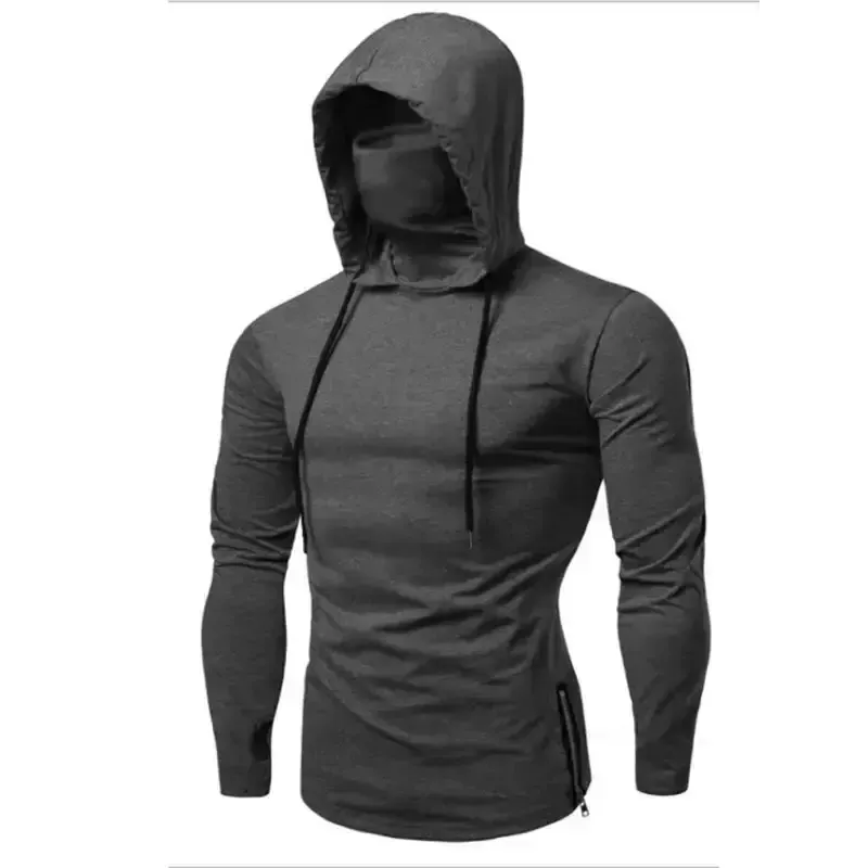 Men’s new fitness cycling solid color elastic mask hooded pullover