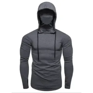 Men’s new fitness cycling solid color elastic mask hooded pullover