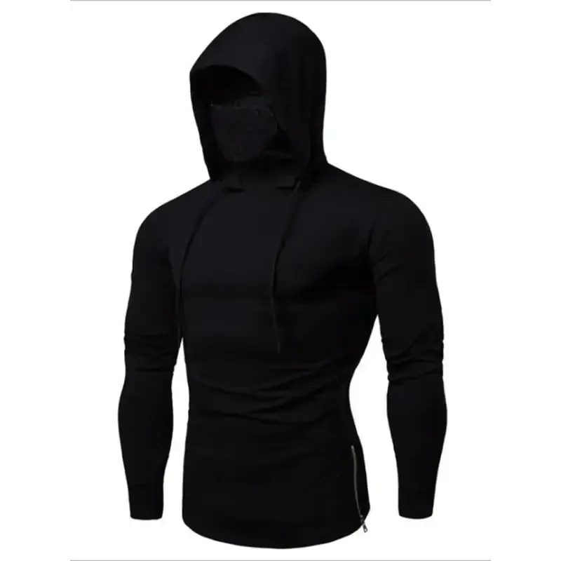 Men’s new fitness cycling solid color elastic mask hooded pullover