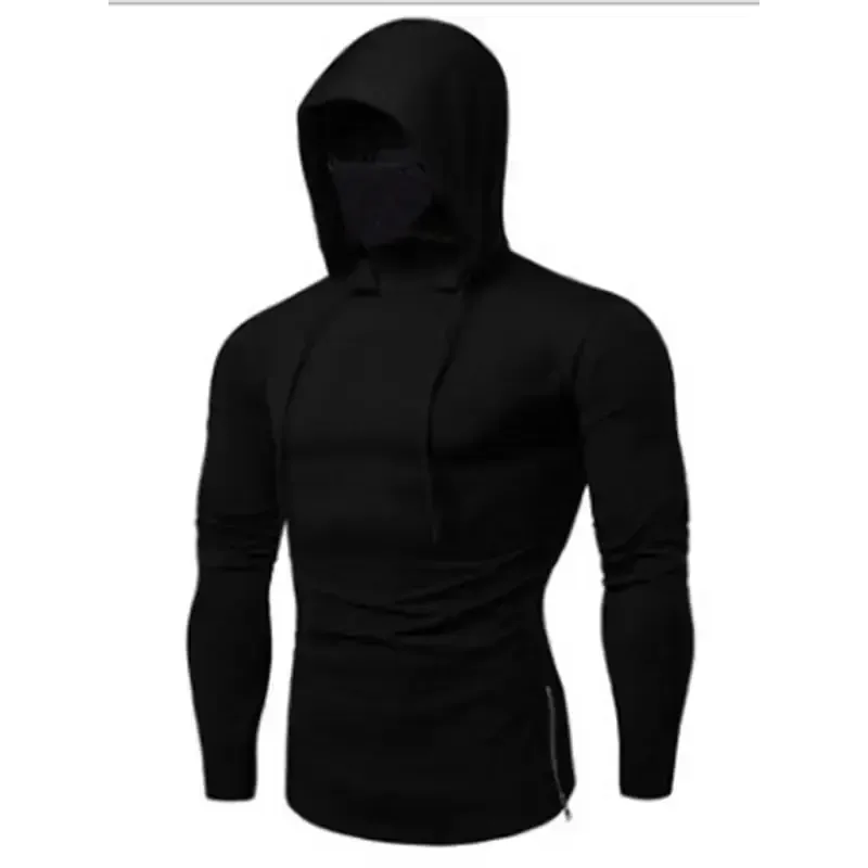 Men’s new fitness cycling solid color elastic mask hooded pullover