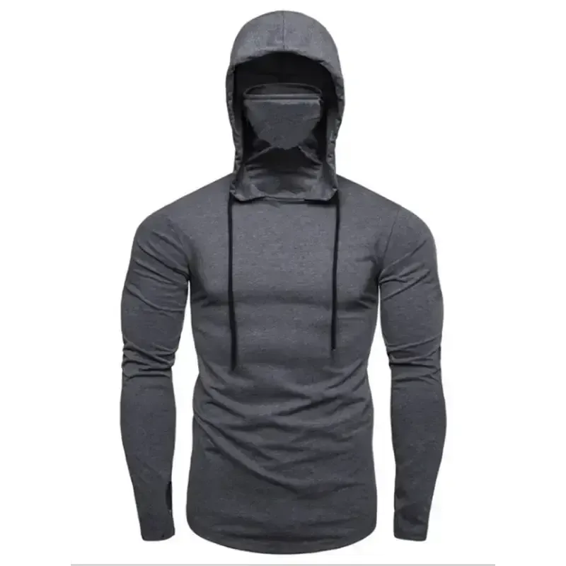 Men’s new fitness cycling solid color elastic mask hooded pullover