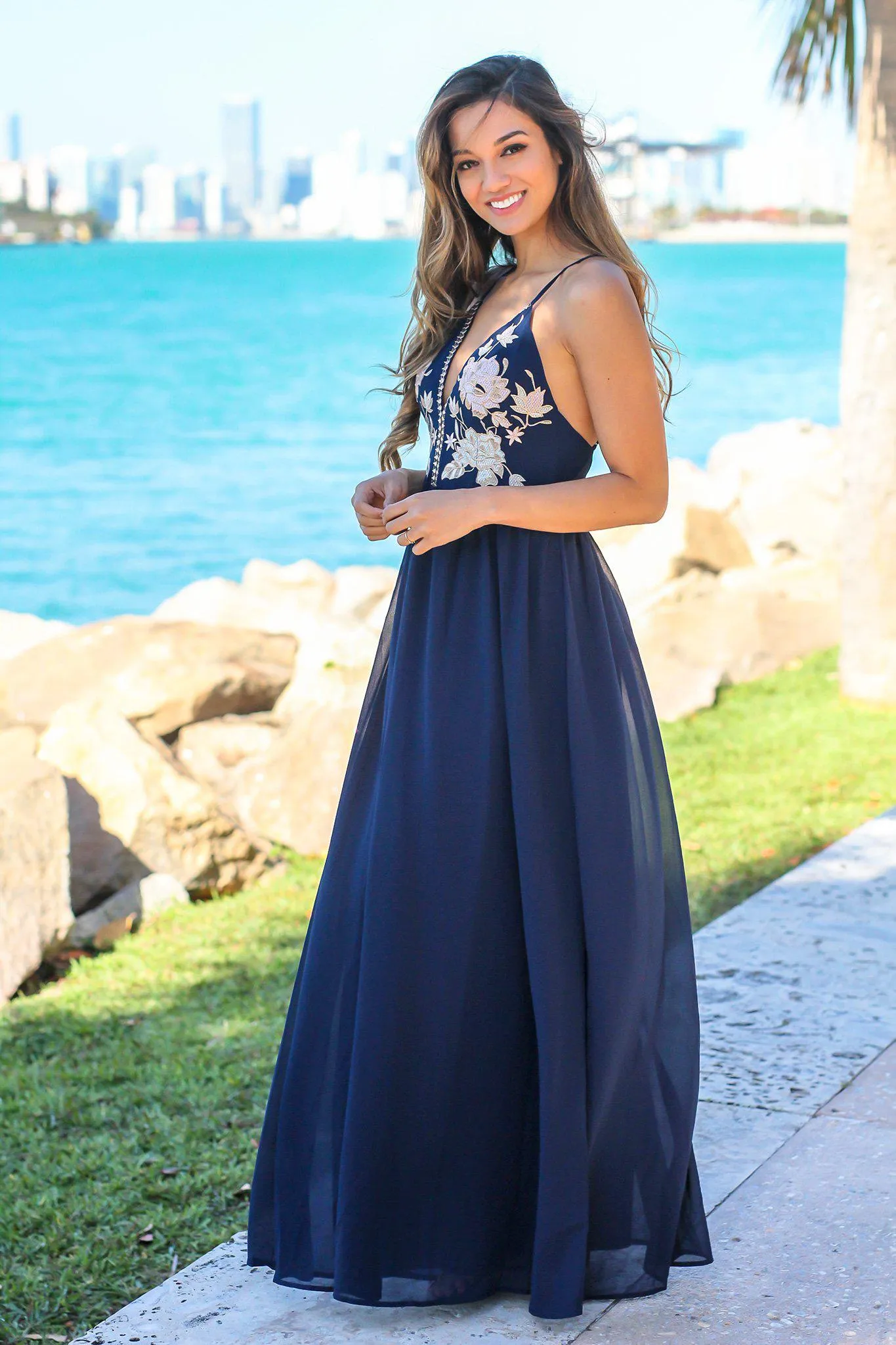 Navy Maxi Dress with Embroidered Top and Criss Cross Back