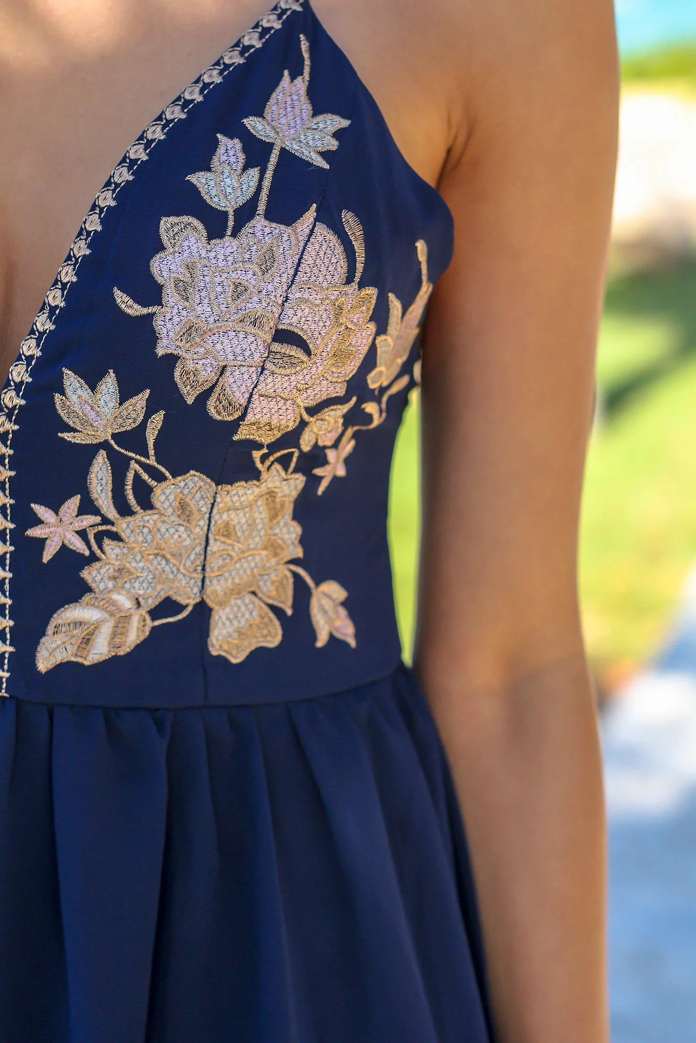 Navy Maxi Dress with Embroidered Top and Criss Cross Back