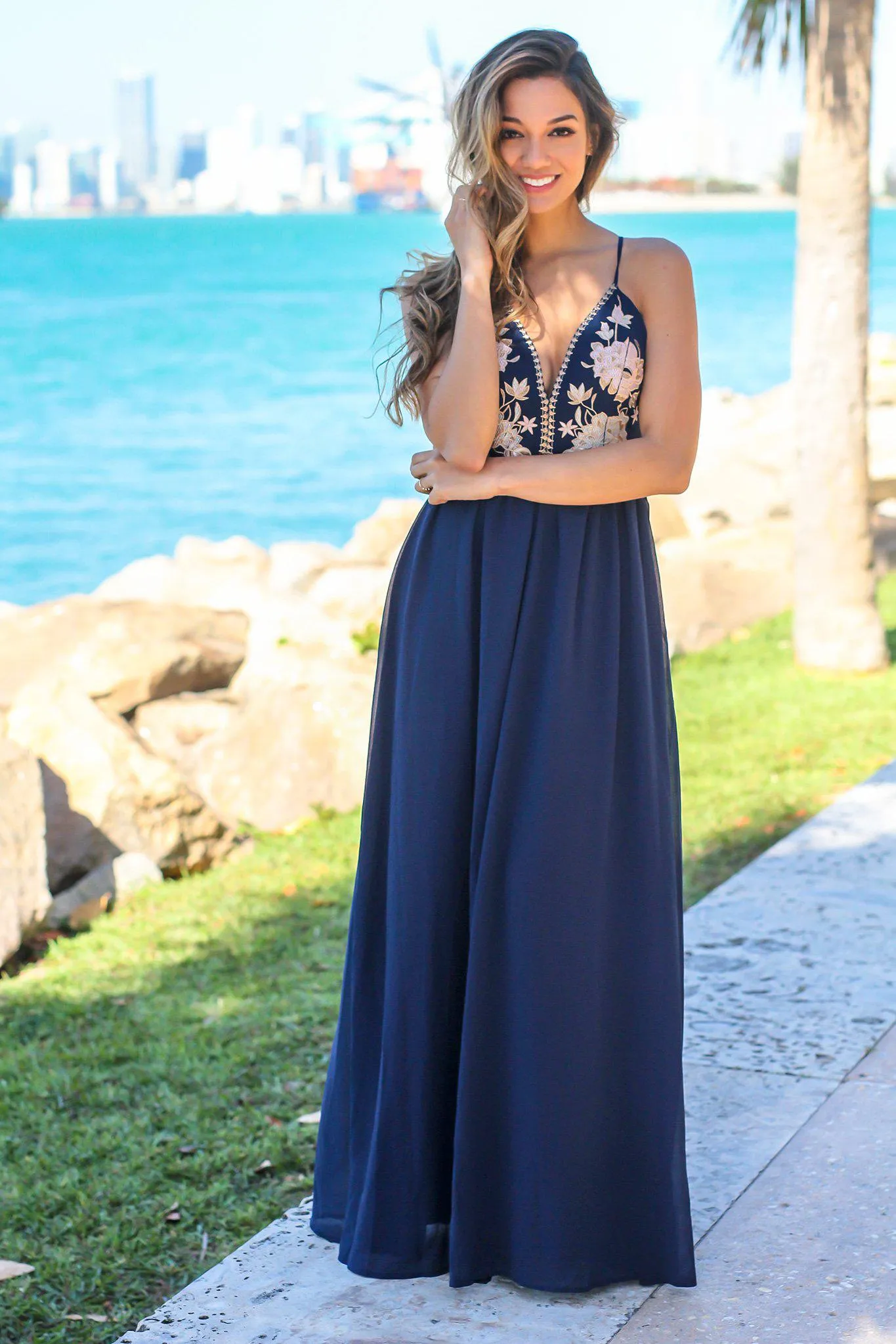 Navy Maxi Dress with Embroidered Top and Criss Cross Back