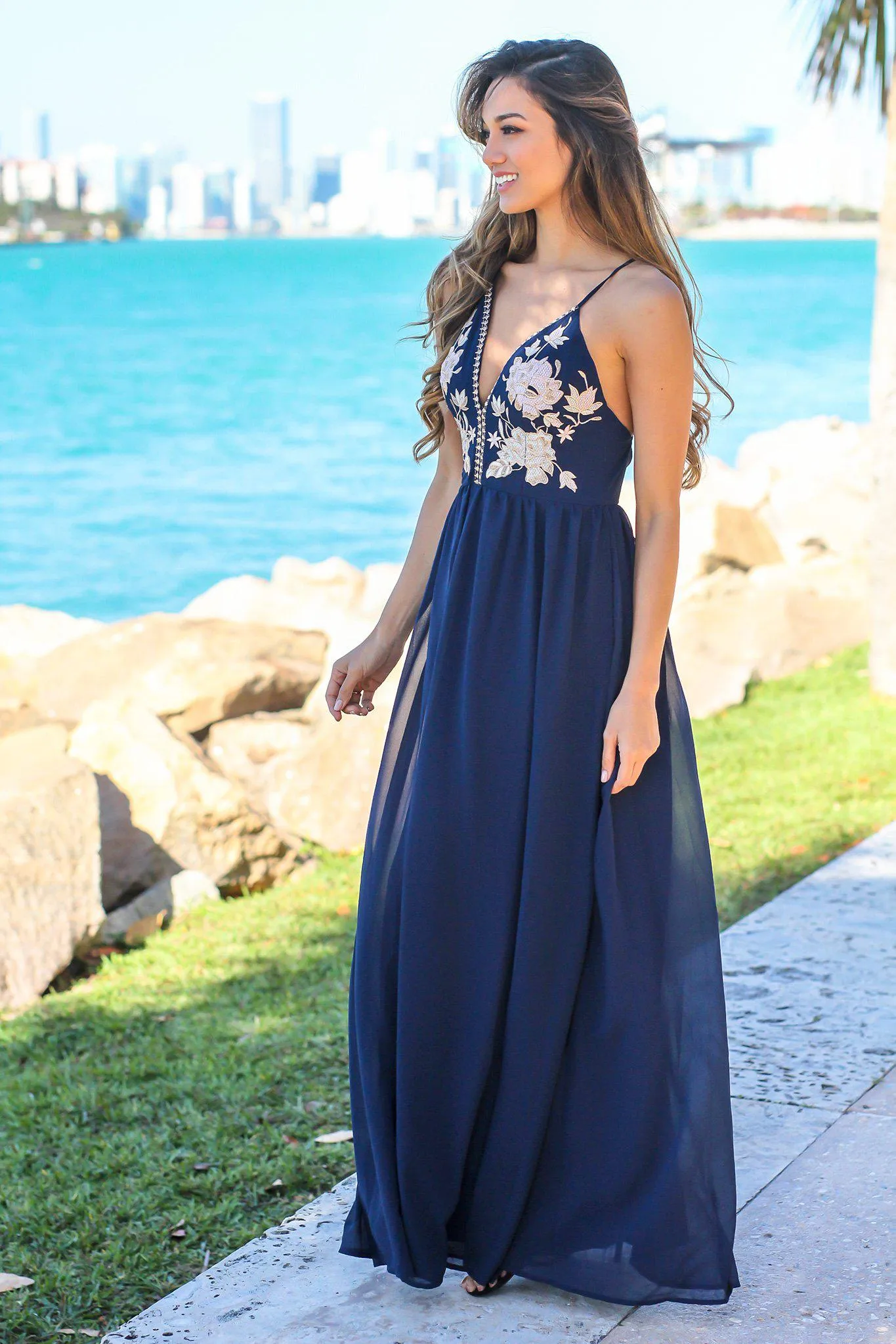 Navy Maxi Dress with Embroidered Top and Criss Cross Back