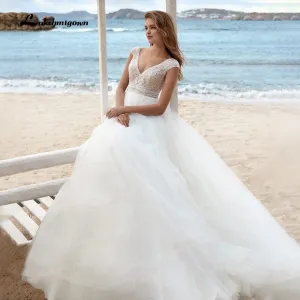 NumberSea 2022 vestido Boho Wedding Dresses A-line Lace Bodice Off-white Tulle Beach Bridal Gown V-neck Cap Sleeves robe femme mariages