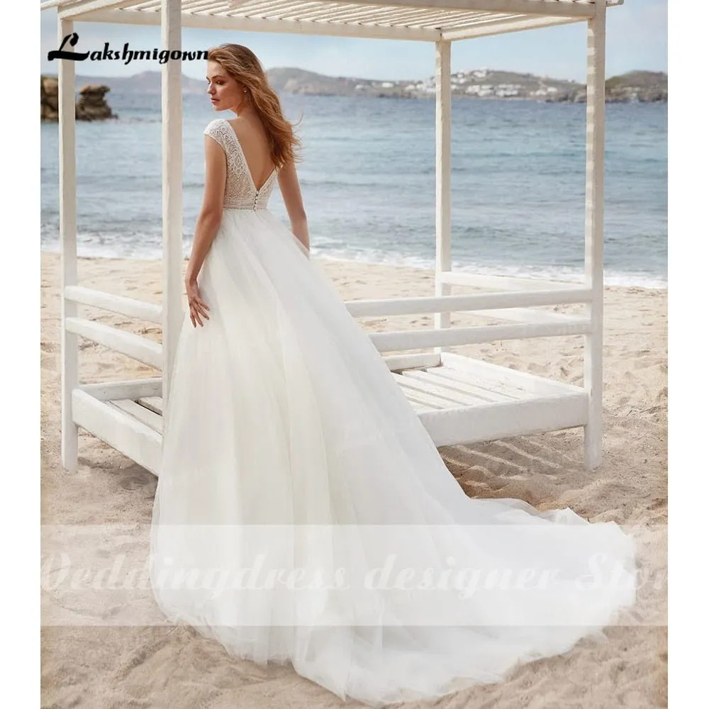 NumberSea 2022 vestido Boho Wedding Dresses A-line Lace Bodice Off-white Tulle Beach Bridal Gown V-neck Cap Sleeves robe femme mariages